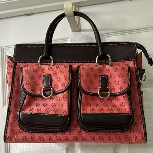 Dooney & bourke red & brown fabric & leather.